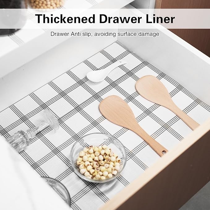 Shelf and Drawer Liner for Kitchen Cabinet,12 in x 20 FT Cabinet Liner Non-Adhesive Non-Slip Contact Paper Waterproof Kitchen Liner Protect Desks, Cupboard with Knife and Tape Measure