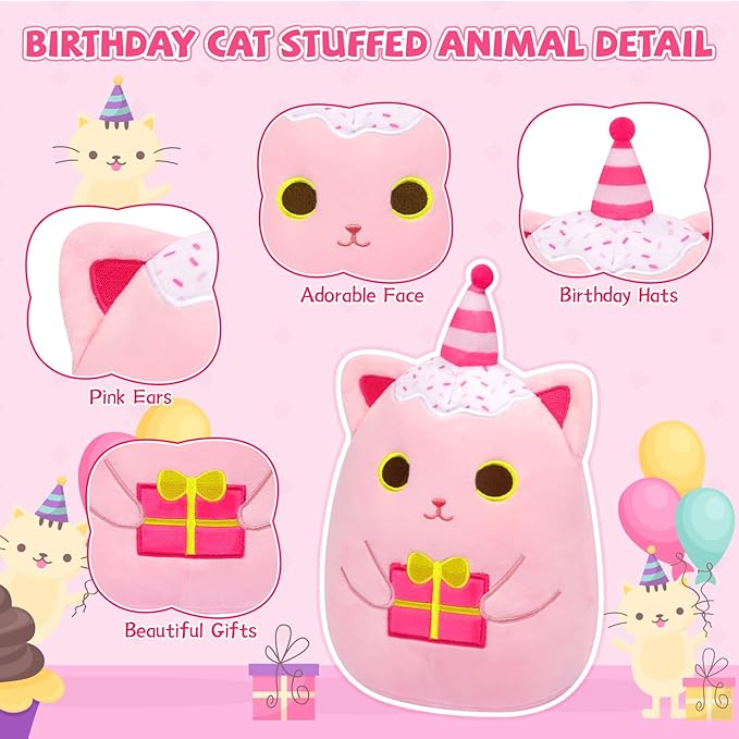 Birthday Cat Plush Pillow,Pink Cat Stuffed Animal Toy,Cute Pinks Stuffed Animal with Gifts, Cat Plushies Birthday Gifts for Kids