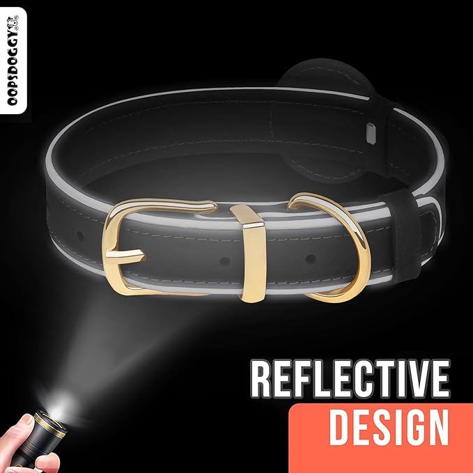 OOPSDOGGY Reflective Geniune Leather Airtag Dog Collar Soft Padded Collars for Small Medium Large Breed Dogs Puppy, 4 Sizes, 7 Colors (Brown, Large, 15"-19")