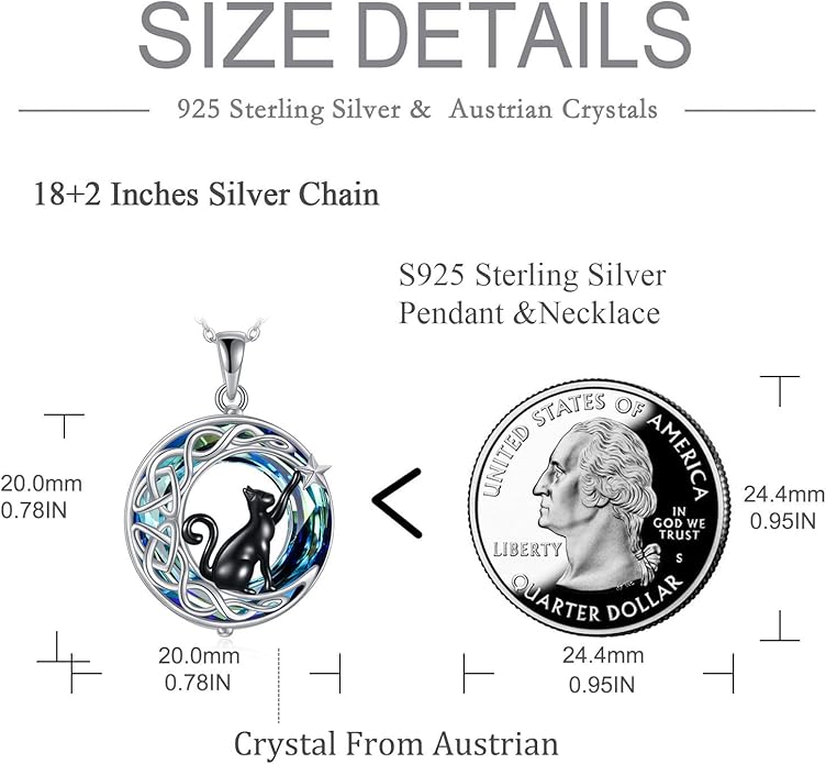 925Sterling Silver Moon Black Cat Necklace for Women Tree of Life Cat Jewelry for Women Abalone Necklace for Cat Lover Birthday
