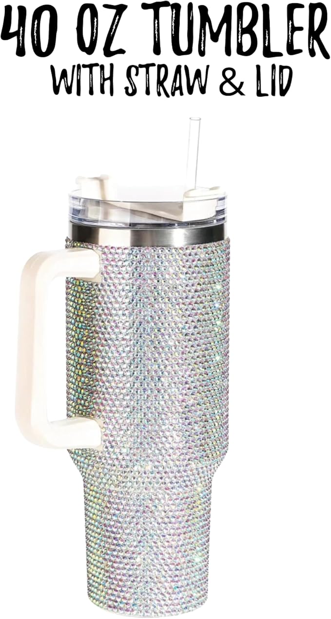 Lashicorn Silver Rhinestone 40 oz. Tumbler with Handle and Straw Lid Bling Tall Jewel Cup Gift White Insulated
