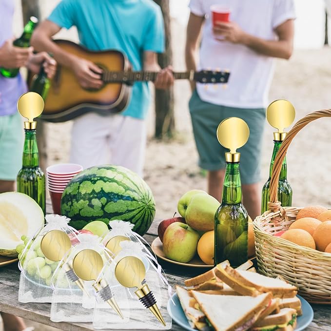 24 Sets Wine Stopper for Wine Bottles Wedding Wine Stopper Champagne Bottle Stoppers Beverage Bottle Stoppers with White Sheer Organza Bags Wedding Party Favor for Guests (Gold)