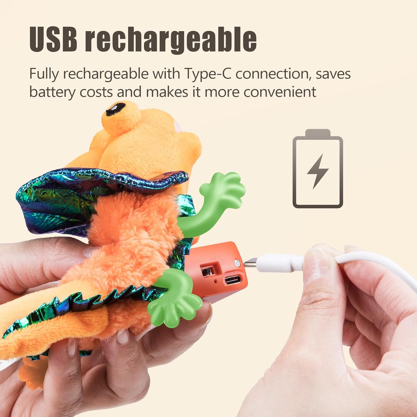 Migipaws Cat Toys, Touch Activated Flapping Chirping Lizard Kitten Toy with Catnip for Indoor Cats Kicker, Rechargeable (Orange)