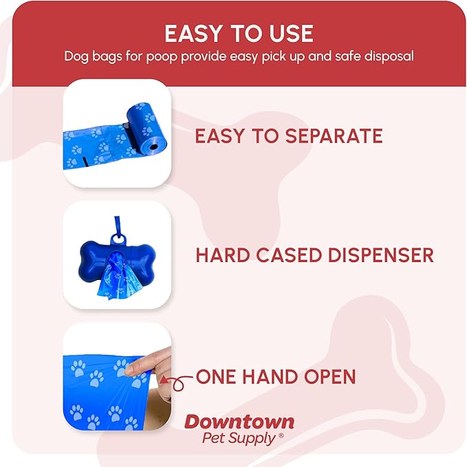 Downtown Pet Supply Poop Bags for Dogs with Dispenser, 500 Count - Leak-Proof Dog Waste Bags and Bone-Shaped Dog Poop Bags Holder for Leash - Rainbow with Paw Prints, 12.5" x 8.5"