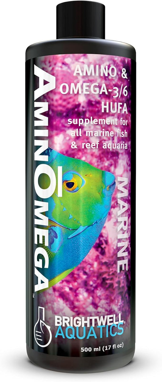Brightwell Aquatics AminŌmega Amino Acid Omega-3 6 Supplement for Enriching Live Prepared Foods Supports Color Growth Recovery in Marine Fish Corals Inverts, 500 ml