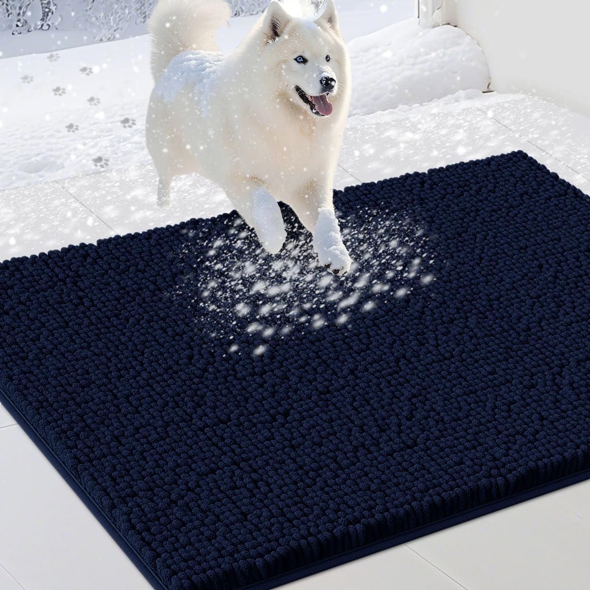 Dog Door Mats for Muddy Paws, Chenille Absorbent Door Mats, Non Slip Heavy Mud Mat for Dogs, Soft Indoor Door Mat for Entryway, Mud Paws, Inside Floor,36" X 24", Navy Blue