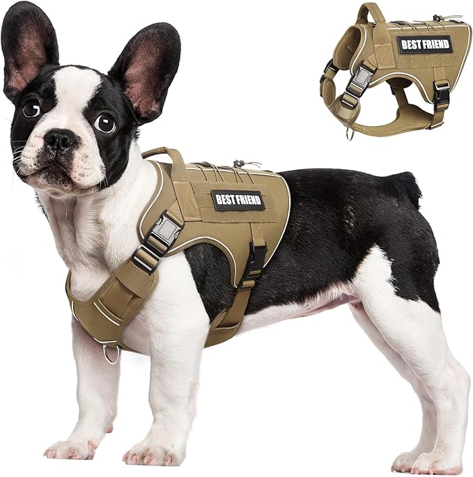 Tactical Dog Harness Small Sized Dog,No Pull Military Dog Vest with Handle,Reflective Heavy Duty Pet Harness for Walking Hiking Training Brown S