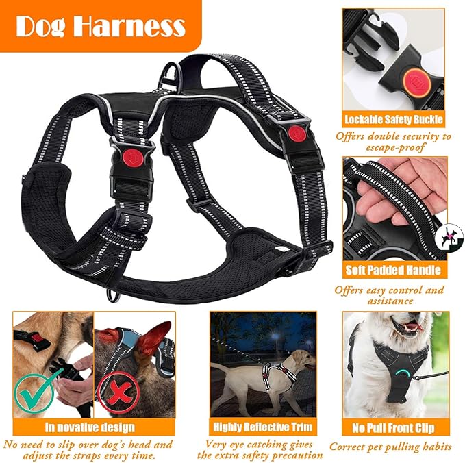 No Pull Dog Harness, Collar & Leash Set | Includes Dog Seat Belt, Collapsible Bowls & Poop Bag Dispenser. Ideal for Training, Walking, Hiking. Fits Small to Large Dogs(Black-XL)