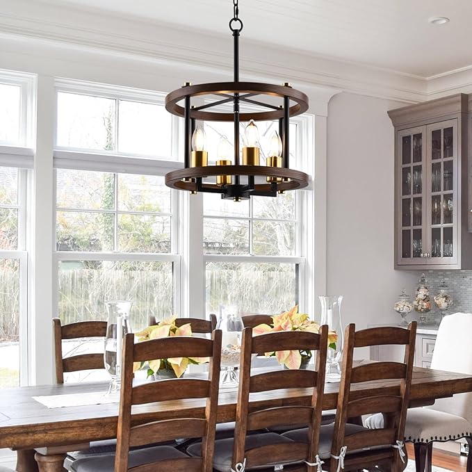 MO&OK 4-Lights Vintage Wood Color Farmhouse Wooden Metal Chandeliers Flush Mount Ceiling Light Fixture Farmhouse Chandelier for Dinning Room Living Room Bedroom Hallway Entryway Kitchen