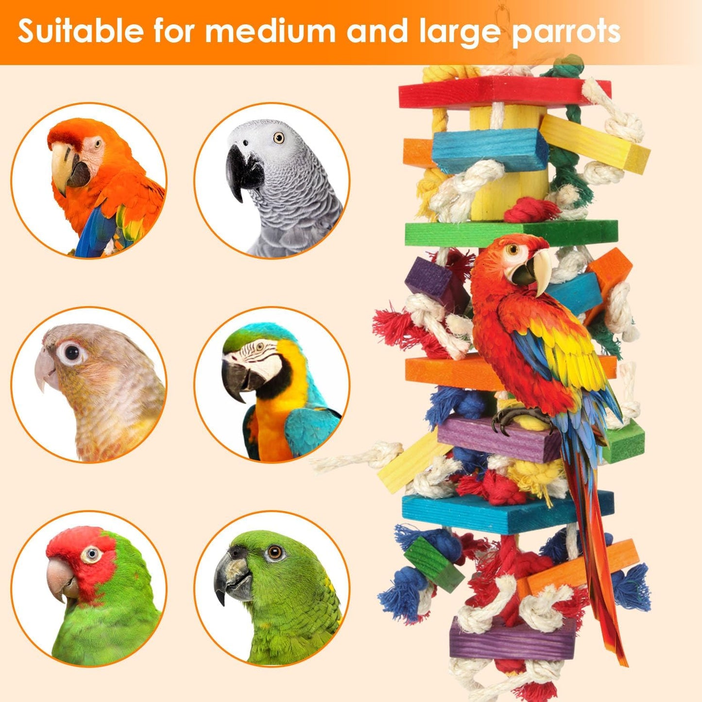 GATMAHE Macaw Toys, Extra Large Parrot Toys, Bird Toys for Parrots African Grey, Amazon Parrots, Parakeet Natural Wooden Block Toy for Climbing, Chewing, Unraveling and Preening (Large)
