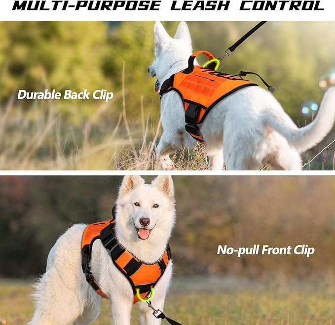 WINGOIN Orange Tactical Dog Harness for Large Dogs, Heavy Duty No Pull Dog Harness with Handle, Adjustable Reflective Military K9 Big Pet Vest for Husky, Doberman, Walking, Training, Hunting (XL)