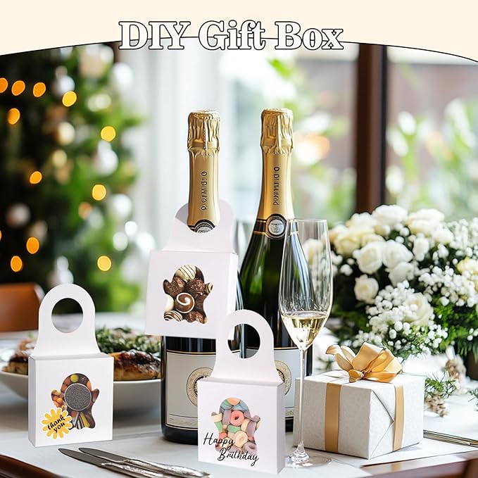 Megitzuu 30PCS Wine Bottle Box with Window, Kraft Paper Wine Boxes for Halloween Gifts Hanging Pumpkin Treat Box Mini Charcuterie Boxes Wine Bottles Gift Bags Goodies Candy Box Party Favor (White)