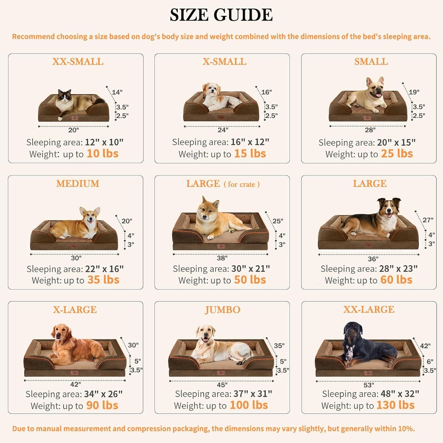 Comfort Expression Dog Bed for Extra Large Dogs, Orthopedic Memory Foam Dogs Beds, XL Dog Bed with Removable Cover, Waterproof Pet Beds Large with Bolster(X-Large,Khaki Brown)