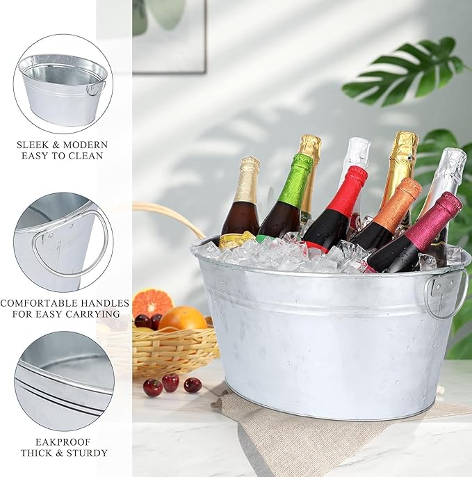 Metal Galvanized Beverage Tub, 2 PCS Large Ice Buckets for Parties, 3.5 Gallons Drinks Champagne Beverage Tub for Cocktail Bar, Wine, Beer, Soda