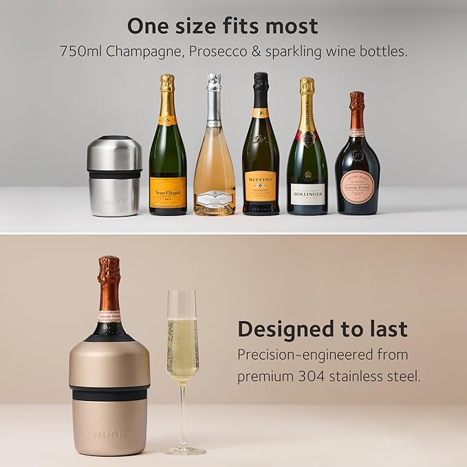 Huski Champagne Chiller | NEW | Award-Winning Iceless Design with Detachable Bottle Stopper | Keeps Wine Cold up to 6 Hours | Fits most 750ml Champagne, Prosecco & Sparkling Wine Bottles (Champagne)