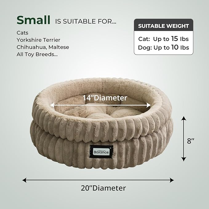 BALANCE Cat Bed Kitten Bed, Washable Round Cat Beds for Indoor Cats,Super Soft Plush Faux Fur Pet Bed for Puppy and Kitten with Anti-Slip Bottom