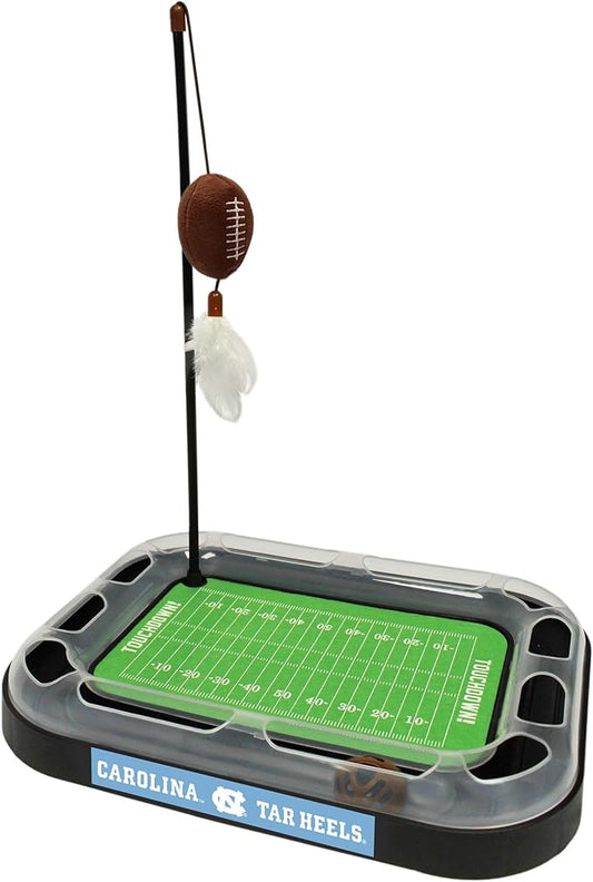 Pets First NCAA NORTH CAROLINA TAR HEELS FOOTBALL FIELD CAT SCRATCHER TOY with CATNIP Filled Plush FOOTBALL Toy & Feather Cat Toy hanging with Jingle Bell INTERACTIVE BALL Cat Chasing 6-in-1 KITTY Toy
