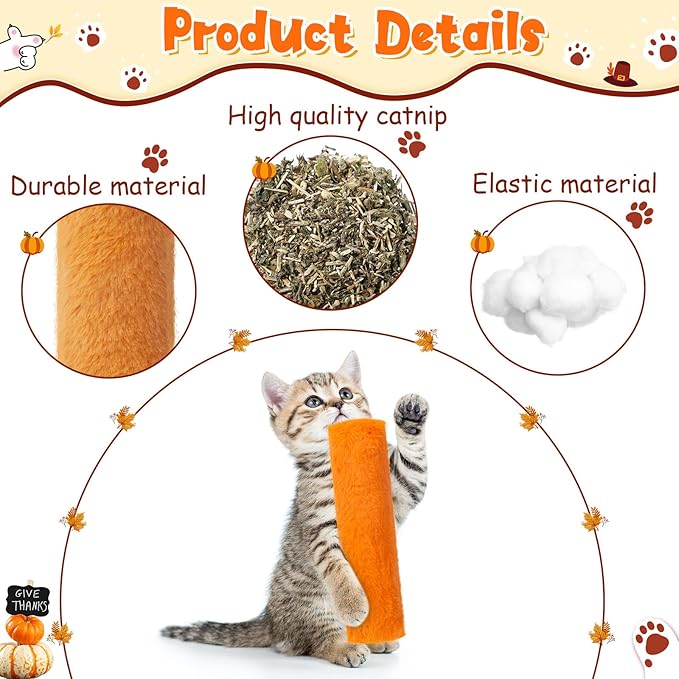 Civaner 6 Pcs 10.6 Inch Fall Cat Toys Thanksgiving Catnip Toys Interactive Kitten Kicker Soft Plush Cat Pillow Sticks Kitten Chasing Chewing Exercising Catnip Sticks Indoor Gift (Gold, Yellow, Orange)