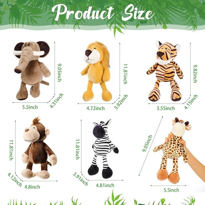 HyDren 12 Pieces Safari Stuffed Animals 11.8 Inch Jungle Animal Toys Set Boys Girls Plush Forest Animals Lion Elephant Zebra Giraffe Tiger Monkey for Zoo Animal Party Teacher Student Award