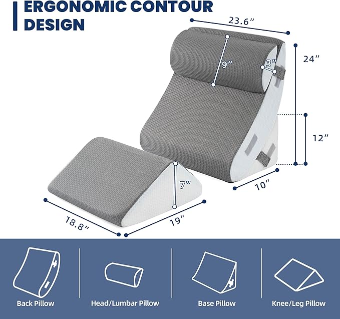 BDEUS 4PCS 23.6 Inch Wide Orthopedic Bed Wedge Pillow Set, Memory Foam Adjustable Wedge Pillow Post Surgery for Back, Neck and Leg Pain Relief-Acid Reflux and GERD for Sleeping, with Travel Bag