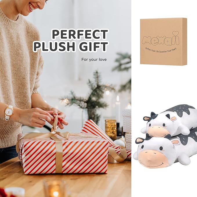 Cow Plush Body Pillow, 25" Kawaii Milk Cow Stuffed Animals Squishy Cute Long Plushies Cuddle Pillow for Kids, Birthday Gifts for Women, Girls and Males