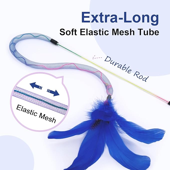 SONGWAY Cat Rainbow Wand Toy - Rainbow Cat Feather Toys with Bells, Colorful Mesh Teaser Wand with Feather Tail, Interactive Toys for Indoor Cats Kittens, Dark Color