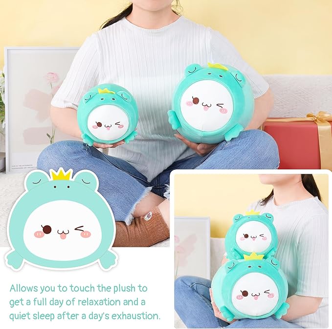 AIXINI Cute Cat Frog Plush Pillow 8” Kitten Froggy Stuffed Animal, Soft Kawaii Cat Plushie with Frog Outfit Costume, Hugging Plush Squishy Pillow Toy Gifts for Kids
