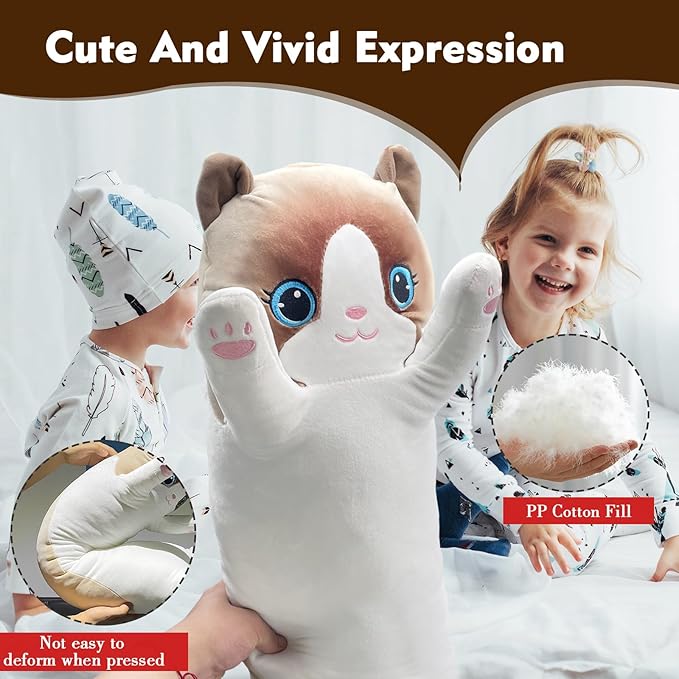 Long Cat Plush Pillow, 51.1in Cute White Cat Plushie Stuffed Animals Body Pillow, Kawaii Kitten Soft Plushie Doll Toy Birthday Gift for Kids Girlfriend