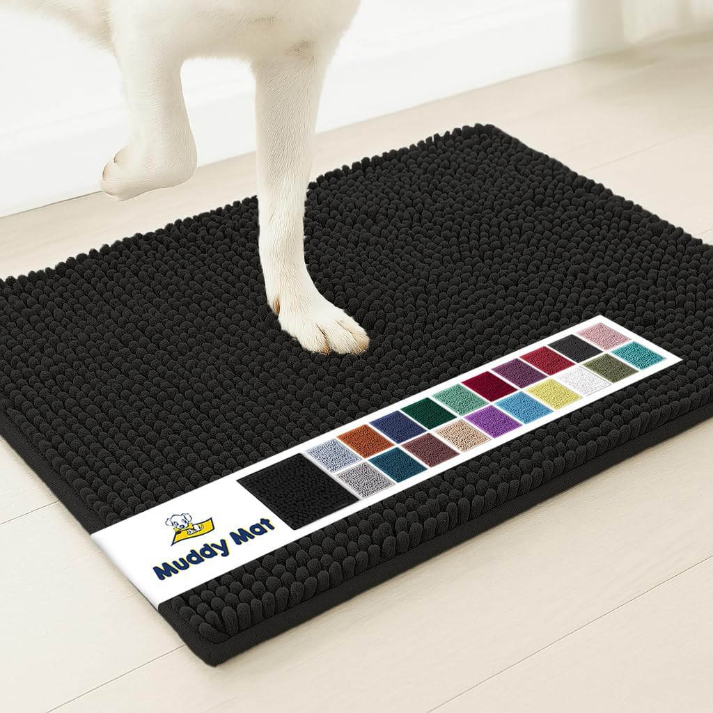 Muddy Mat® AS-SEEN-ON-TV Highly Absorbent Microfiber Door Mat and Pet Rug, Non Slip Thick Washable Area and Bath Mat Soft Chenille for Kitchen Bathroom Bedroom Indoor and Outdoor - Black 6ft x 9ft