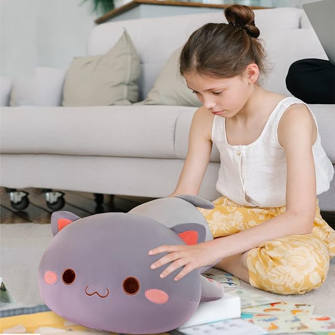 FUYU Cat Stuffed Animals, Soft Cat Plush Pillow Kawaii Kitten Stuffed Animal Toy Gifts for Kids Boys Girls Room Decor (Grey Round Eyes,15in/37cm)