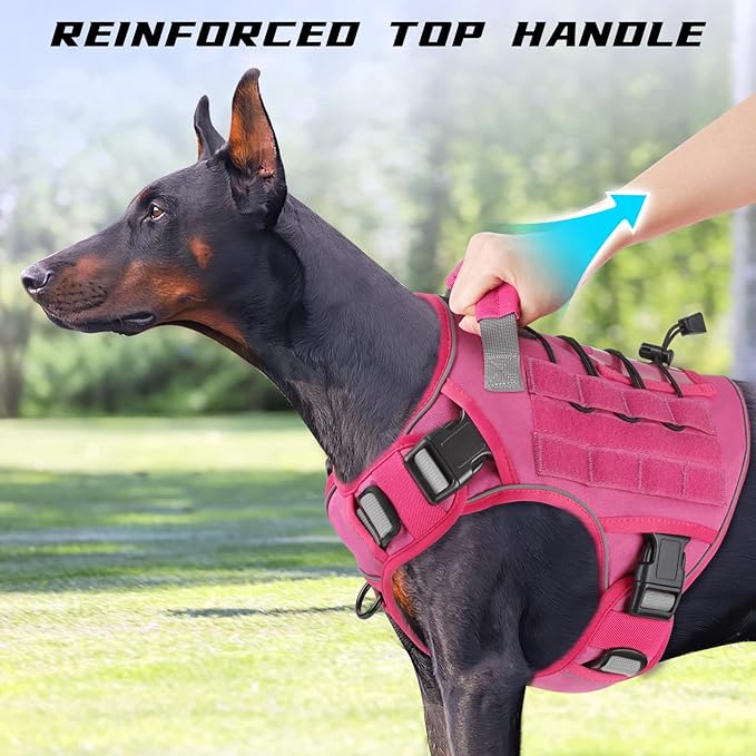 WINGOIN Pink Tactical Dog Harness for Large Dogs, Heavy Duty No Pull Dog Harness with Handle, Adjustable Reflective Military K9 German Shepherd Big Size Dog Vest for Walking, Training, Hunting (L)