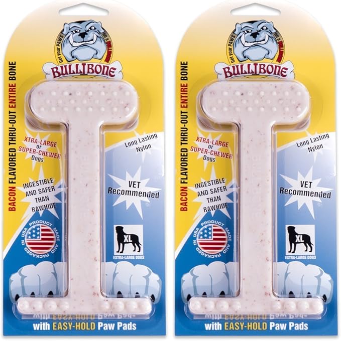 Bullibone Nylon Dog Chew Toy Nylon Bone - Improves Dental Hygiene, Easy to Grip Bottom, and Permeated with Flavor (Bacon, XL - 2 Pack)