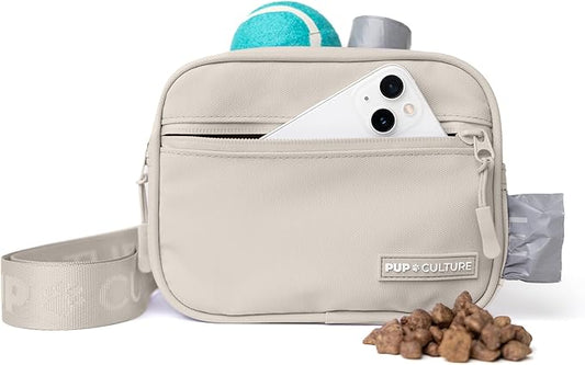 Pup Culture Cross Body Dog Training Treat Pouch | Removable for Anytime Puppy Training | Built-in Poop Bag Dispenser & Used Bag Holder | Stylish - Cream