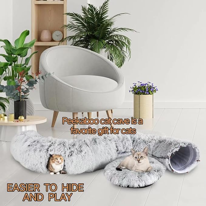 CLKHOWL Cat Tunnel Bed for Indoor Cats - Cute Cat Donut Tunnel with Washable Circle Cushion, Round Pet Play Toy for Kitten/Puppy/Rabbit, Grey