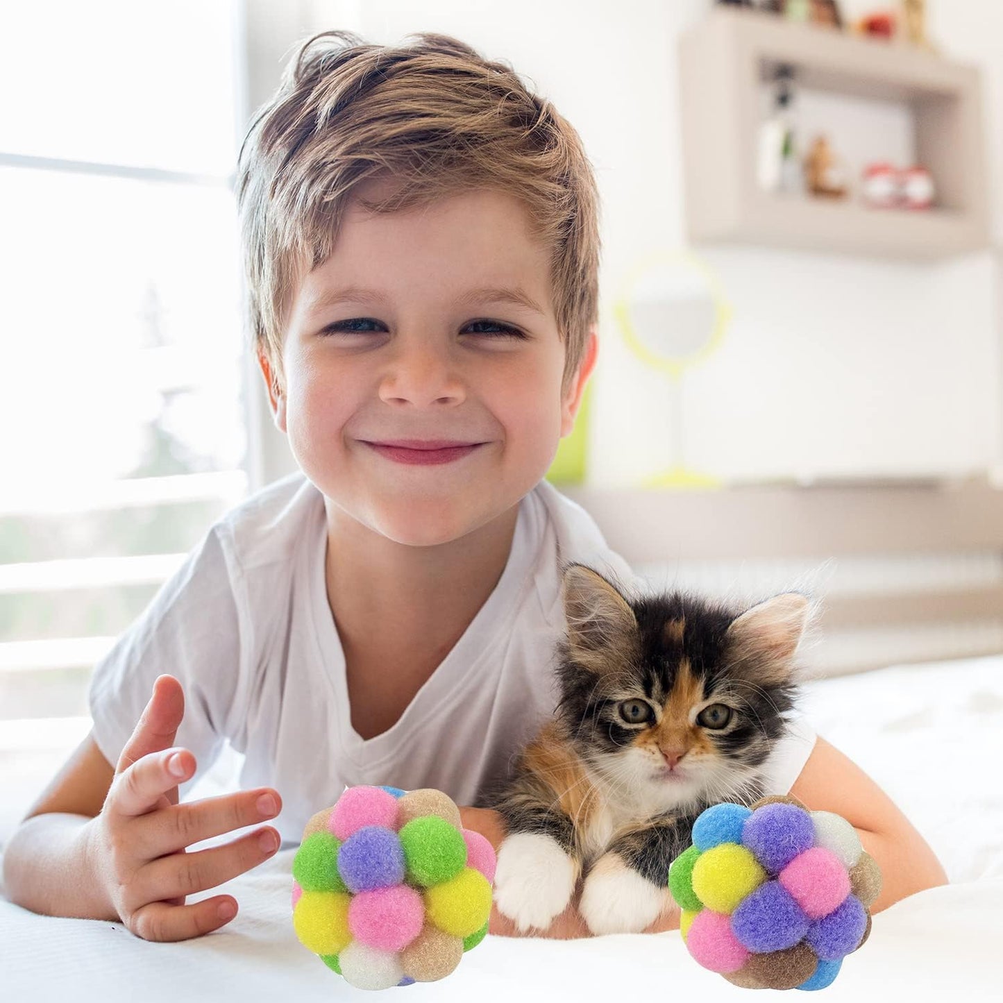 AQSXO 2 Inches Cat Toy Balls with Bell, Colorful Soft Fuzzy Balls, Cat Toys for Indoor 12 Pieces.