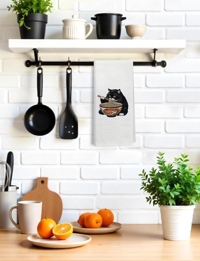 Black Cat Kitchen Hand Towels Bathroom Decor, Funny Japanese Noodle Cat Dish Towels Tea Towels for Kitchen,16x24 Inch