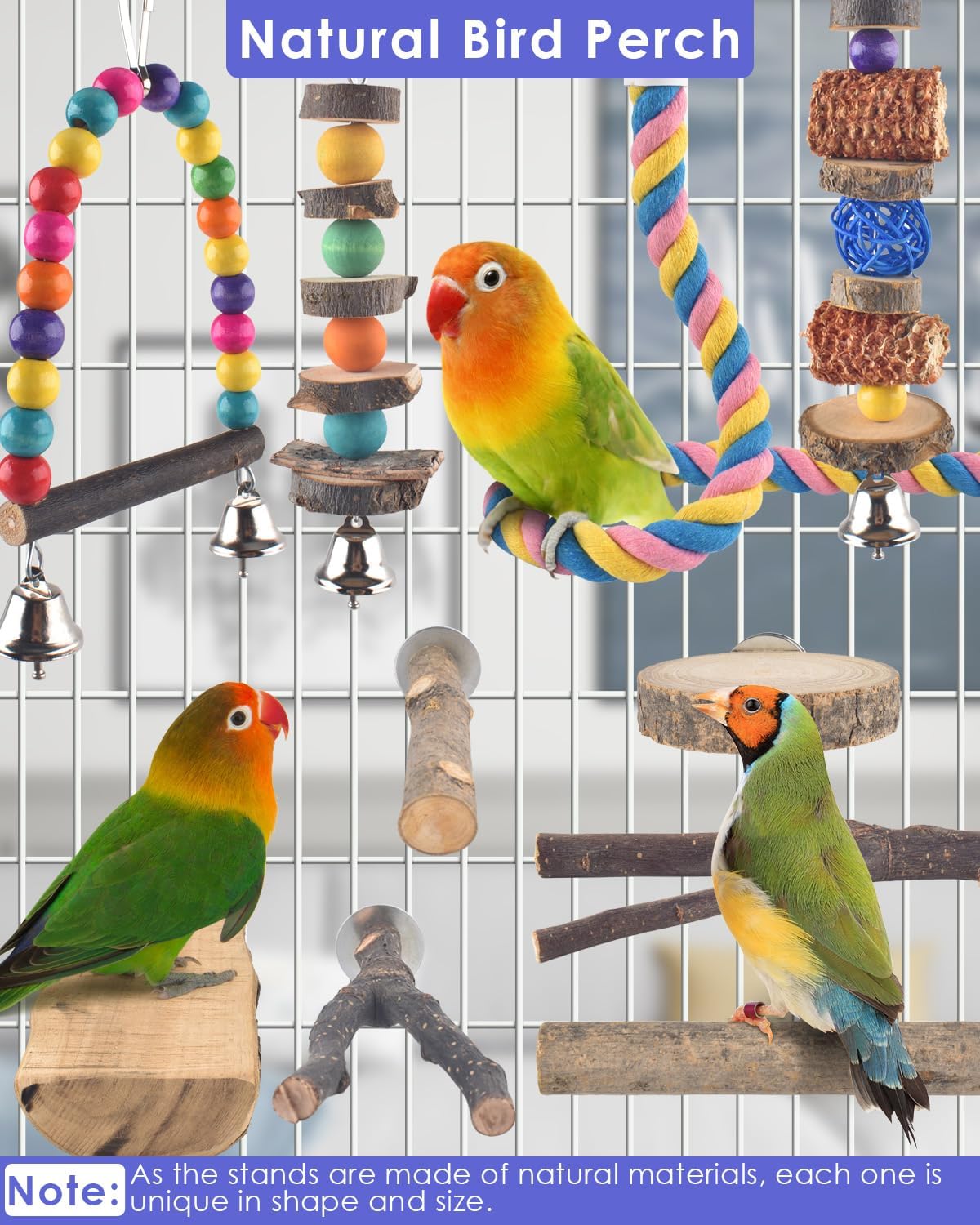 Bissap 10 PCS Bird Chew Toys, Parakeet Natural Wood Parrot Hanging Cage Toy Swing Rope Paw Fork Perch Stand Platform for Small Birds Conure Cockatiel Parrotlet Lovebird Budgie Exercise Training