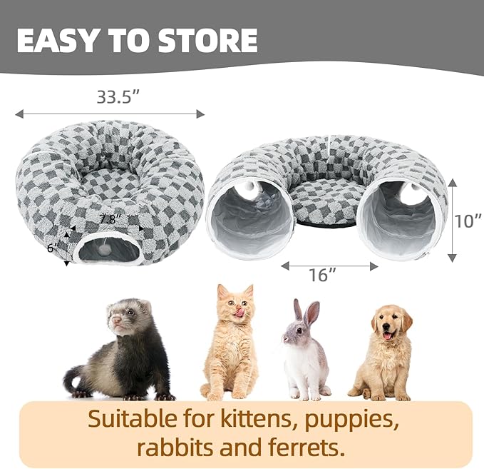 Homimp Cat Tunnel Bed with Central Mat, Large Tube Playground with Plush Ball Toy, Peekaboo Cat Cave with Washable Circle Cushion for Indoor Cats, Pop Up Bed HidePlace for Kitten Puppy Rabbit, Grey