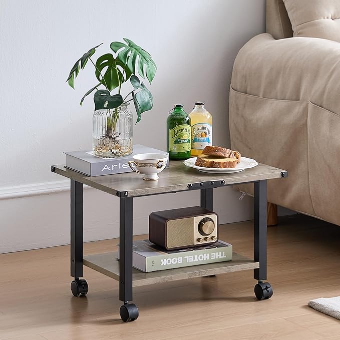 Lerliuo Under Desk Printer Stand, 2-Tier Industrial Mobile Printer Table with Storage Shelf and Steel Frame, Rolling Printer Cart Holder with Lockable Wheels for Home, Office (Grey)