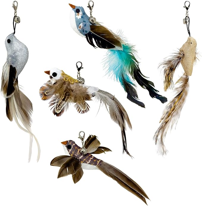 Interactive Bird Simulation Cat Toy Set, Interactive Cat Toys for Indoor Cats, Cat Feather Toy, Self-Holding Suction Base, 5 Replacement Birds, Feathers & Bells (5 Replacement Birds)