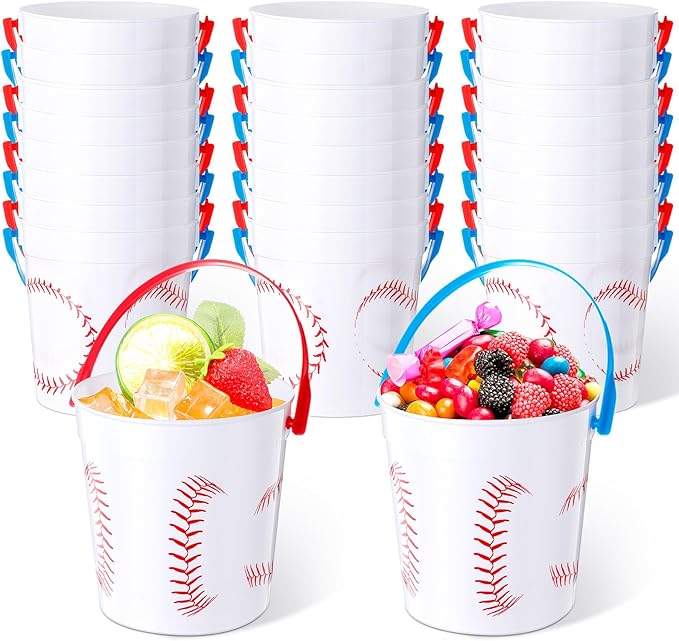 Mifoci Baseball Small Plastic Bucket with Handles 34 oz Versatile Baseball Treat Bucket Baseball Ice Bucket Bulk for Wine Beverage Baseball Party Bar Alcohol Beer Snack Drink Pail Gifts(20 Pcs)