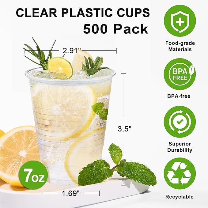 7 oz Plastic Cups 500 Pack, Clear Cups Party Cups Disposable, Plastic Clear Cold Drink Cups for Party, Wedding, Graduation, Travel, Holiday, Events, Birthday