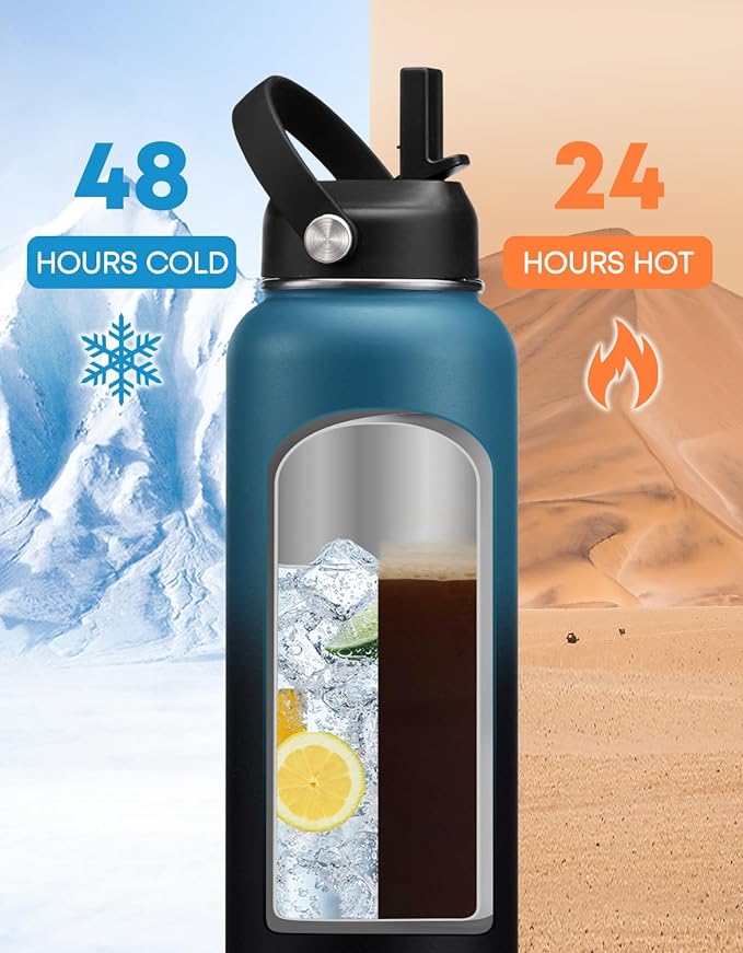 Insulated Water Bottle with Straw 40oz - Stainless Steel Water Bottles, Flex Lids, Paracord Handle, Storage Carrier Bag, Protective Boot, Water Flask Metal Vacuum Water Mug Cup, Keep Cold 48H Hot 24H