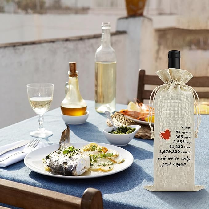 7th Year Marriage Gift for Couple Wife Husband Wine Bag 7th Anniversary Wedding Gift for Women Men Wine Gift Bag Birthday Christmas Valentine Gift for Him Her Drawstring Wine Wrapping Bag