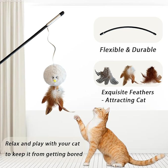 Interactive Cat Wand Toy with Feather,4 Pcs Plush Ball Cat Teaser Sticks with Catnip & Bell Cats Toys for Indoor Play Chase Exercise with Kittens