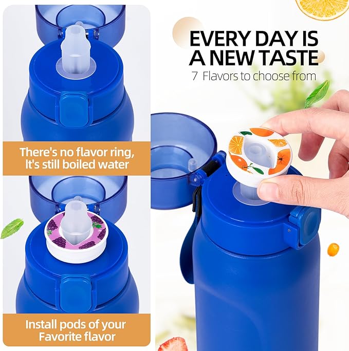 Air water bottle,750ML Air Water Bottle with 7 Flavor Pods, Stainless Steel Water Bottle with Straw, Sports Water Bottle Suitable for Outdoor Sport (Blue)