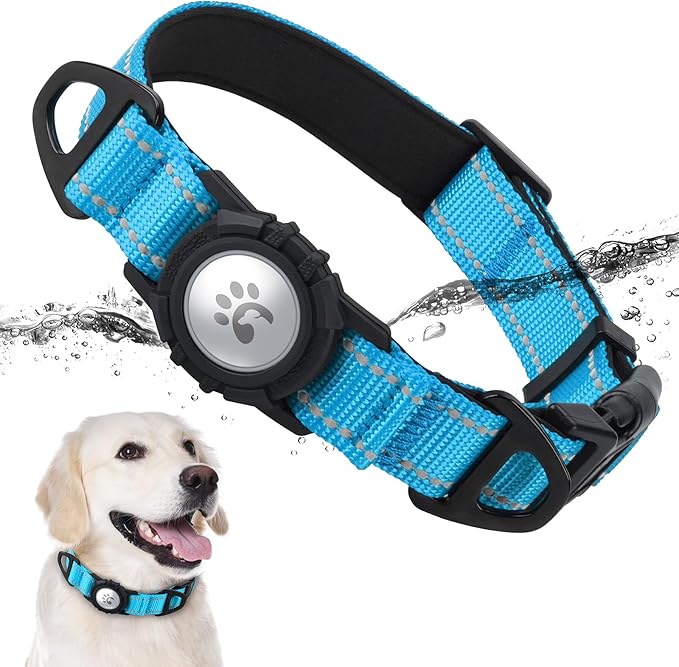TagME Airtag Dog Collar,Waterproof Reflective Pet Collar with Airtag Holder,Soft Padded and Double D-Rings for Large Dogs,Light Blue