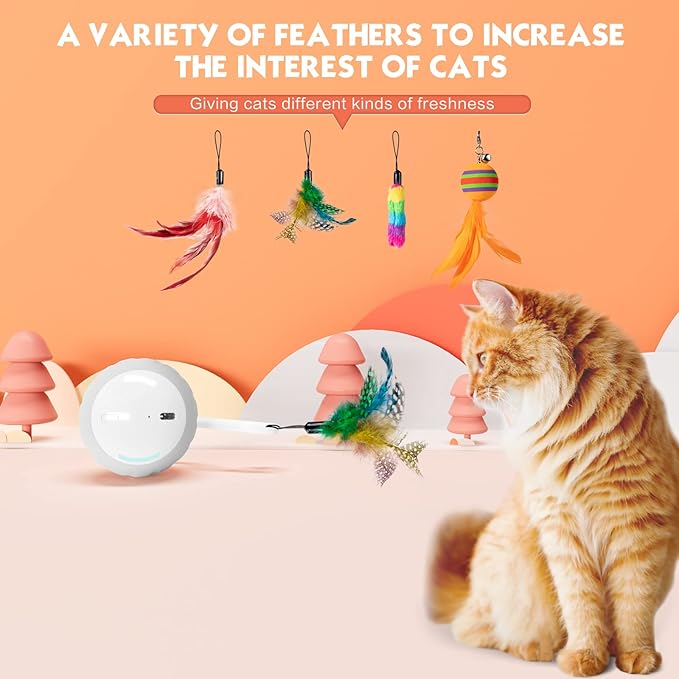 Interactive Cat Toys Ball - Electric Automatic Toys for Indoor Cats, LED Lights and Toys Feather Tail with Sound Activated and Touch, USB Rechargeable, 2peeds Mode for Bored Kittens/Adult Cats