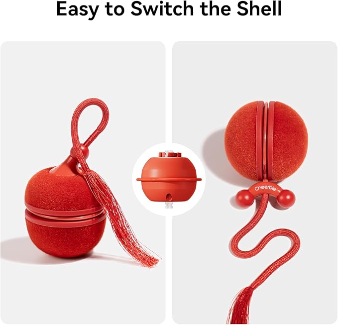 Cheerble Interactive Cat Toys for Indoor Cats - Wicked Ball Duo 2 Automatic Cat Toy with Dual Interchangeable Shells, Electronic Pet Toy with Bird Chirping Sounds, Rolling Cat Toy for Kittens, Red