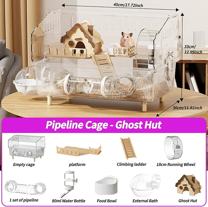 Large Hamster Cage 17x11x13 Inch Acrylic Habitat - Multi-Level Enclosure for Dwarf/Syrian Hamsters, Mice & Gerbils (Ventilated Design & Removable Base) (bungalows, 17x11x13)